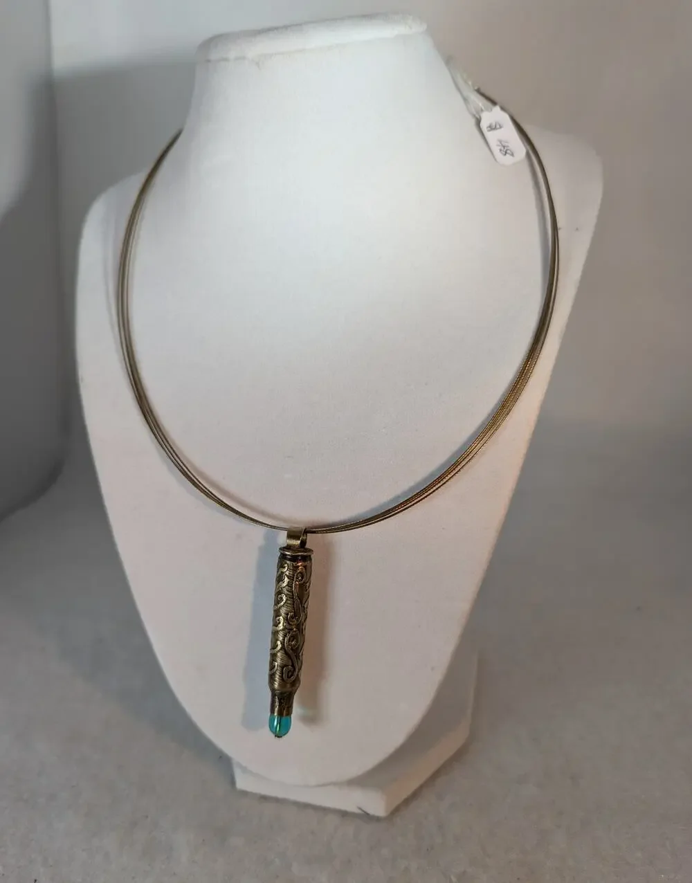 Bullet pendant necklace hand acid etched brass with glass bead wire neck;ace NIB